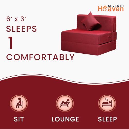 Image of Seventh Heaven 1 Seater 6 * 3 Jute Fabric Washable Cover Sofa Cum Bed with 1 Cushion 1 Seater Single Foam Fold Out Sofa Cum Bed (Finish Color - Maroon Delivery Condition - Pre-Assembled)