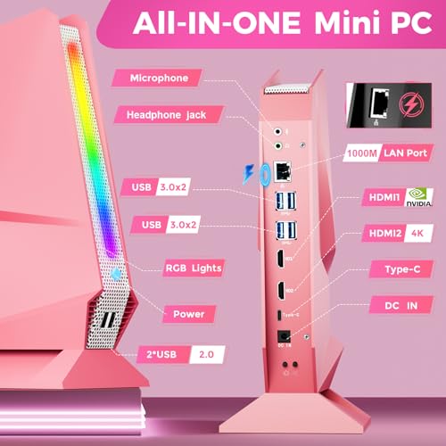 Image of Mini PC, Intel Core i7-8750H(8C /16T up to 4.1GHz), GTX 1050 Discrete Graphics Mini Computer With RGB Lights, 16GB DDR4 RAM 512 NVMe SSD, Triple Display, WiFi6 BT5.2, 1G RJ45, Win 11 Pro Micro PC, Pink
