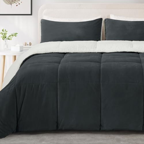 MERITLIFE King Sherpa Comforter Set 3 Pieces Dark Grey