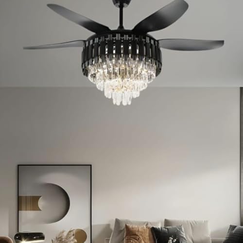 The Crafted Gesture Modern Crystal Ceiling Fan with LED Light Kit, 52inch, Black, 5-Blade Design with Chandelier Lighting, 3 Colour Light Setting for Bedroom, Living Room, Dining Room The Crafted Gesture Modern Crystal Ceiling Fan with LED Light Kit, 52inch, Black, 5-Blade Design with Chandelier Lighting, 3 Colour Light Setting for Bedroom, Living Room, Dining Room