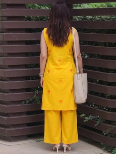 Image of ANNI Designer Kurta Set for Women Cotton Blend Embroidered | Kurti Set for Woman | Farshi Salwar Suit Kurta Palazzo Outfit | Round Neck V Slit Sleeveless Regular Fit Ethnic Dress Stylish Clothing