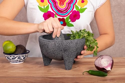 MX, Mortar and Pestle Set Mixing Bowls Garlic Mincer,Mexican Handmade with Quality Lavastone,Pill Crusher and Spice Grinder Molcajete 8 in, Volcanic Stone
