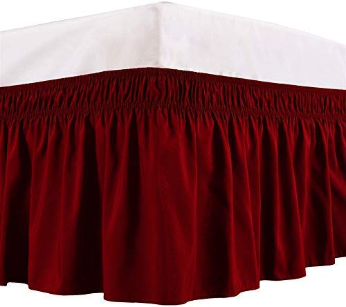 Wrap Around Bed Skirts Elastic Dust Ruffles, Easy Fit Wrinkle and Fade Resistant Silky Microfiber Fabric Solid Color Bedskirt, 12 Inch Tailored Drop Burgundy for Twin Size Bed Skirt