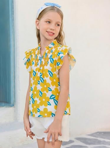 Image of Haloumoning Girls Ruffle Short Sleeve Floral Chiffon Blouses Kids Summer Shirts Tops 5-14 Years