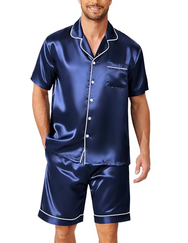 Ekouaer Mens Pajamas Set Silk Satin Sleepwear Short Sleeve Button Up Pjs
