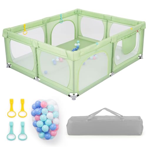 LIFEZEAL Box Bambini, Recinto per Bambini, 189x158x68 cm, Box Neonato Pieghevole in Tessuto Oxford con Borsa, Recinto Grande con 50 Palline e 4 Anelli Giochi per Bimbi 0~36mesi (verde)