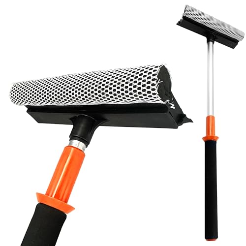 Raclette télescopique 2 en 1 avec lame de raclette durable et éponge – Kit de nettoyage de vitres parfait pour une utilisation comme raclette de douche,...