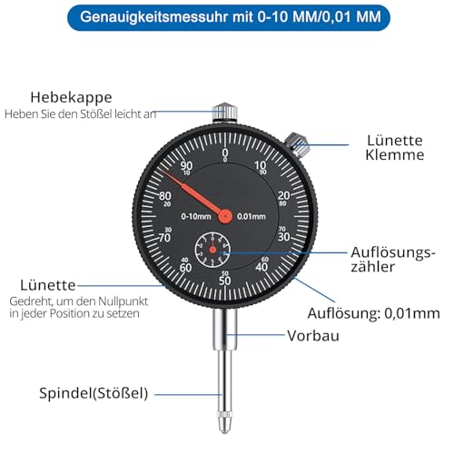 AccuGrapha Scheibenbremsrotor-Messgerät mit 0-10 mm Messuhr(0.01mm Auflösung), Auto-Bremsscheiben-Schlagfestigkeitsprüfer, Klemmschraubstock mit 360 ° Flexiblem Arm und rutschfester TPR-Gummigriff