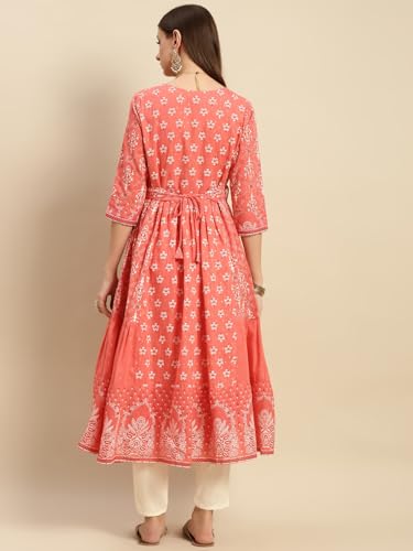 Image of rangita Coral Cotton Calf Length Embroidered Anarkali Kurti for Women | Kurta for Women