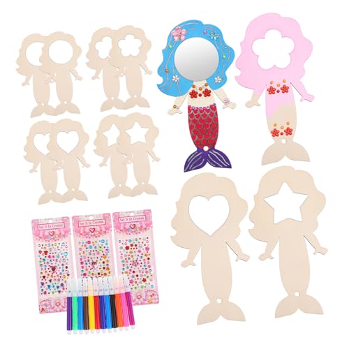 IWOWHERO 1Set Mermaid Mirror Craft Kit of DIY Handheld Mirrors with Painting Brushes for Birthday Party Favors and Craft Activities Includes Mirrors and Colorful