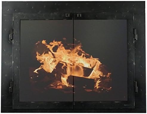 FVSD4-HNT-4135 Iron Fireplace Glass Door with Gate Mesh and 4" Frame, 3" L x 35" H x 41" W, Hammered Natural Finish, Black