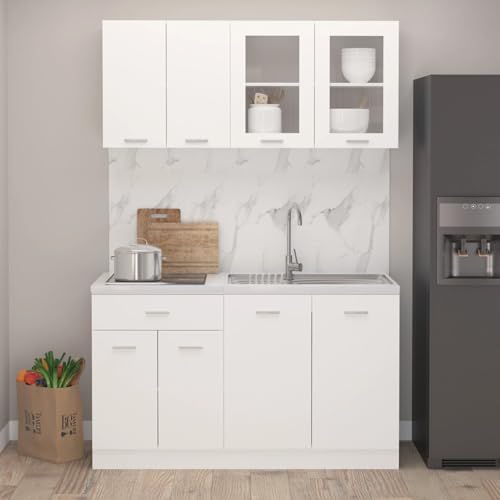 Gecheer 4-TLG. Angolo cottura Lione Bianco Legno Armadio da cucina Angolo cottura Mobili da cucina