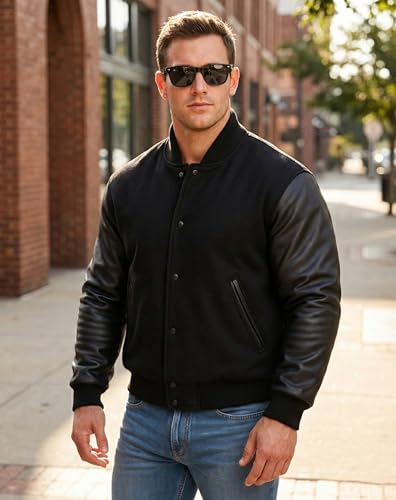 Image of LP-FACON Unisex Varsity Letterman Jacket | Mens College Baseball High School Bomber Wool + Faux Leather Jacket