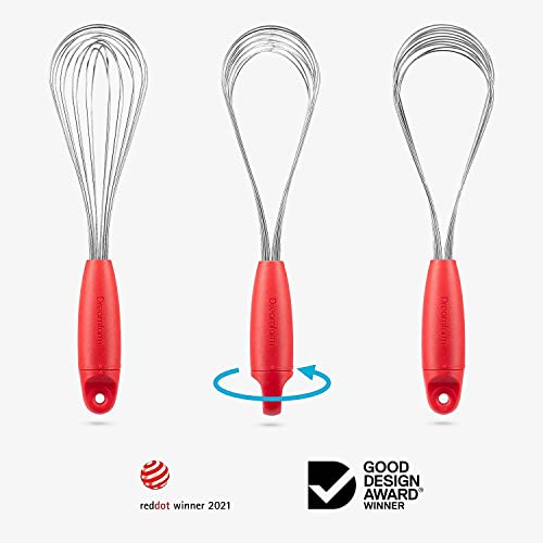 Dreamfarm Flisk | 3 In 1 Stainless Steel Whisk With Ergonomic Handle | Balloon Whisk, Sauce Whisk And Flat Whisk Combined Into One | Space Saving Whisk For Baking, Cooking, And Deglazing | Red #TOP2