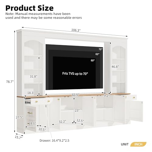 Image of 106.3 inchL Large Entertainment Center with Bookshelves and Drawers for TVs Up to 70'', Wall Unit Entertainment Center with Adjustable Shelves and Cabinet, Minimalist TV Stands for Living Room White