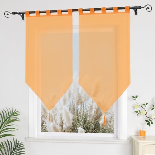 Yujiao Mao Brise-bise Transparent uni, Lot de 2, Voilage léger à Passants pour Tringle Orange LxH 45x90cm