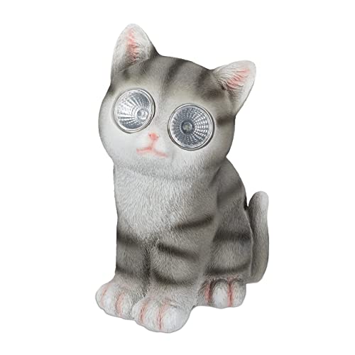 Relaxdays Gartenfigur Katze, Figur mit LED Solaraugen, Kunstharz, Deko für Garten, Balkon, HxBxT 23 x 12 x 14 cm, grau