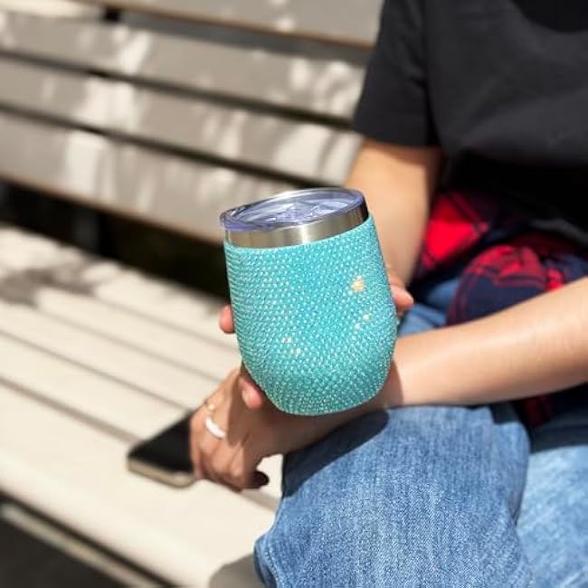 12 oz Bling Wine Tumbler with Lid Rhinestone Insulated Wine Glass Tumbler Double-Wall Vacuum Stainless Steel Coffee Mug Sparkly Travel Cup for Beer Champaign Cocktail (Aqua Blue)