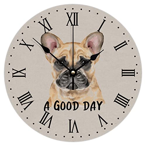 Orologio da parete a forma di bulldog francese, con numeri romani, motivo 'Un buon giorno', con bulldog francese, rotondo, per soggiorno, bagno, decorazione da parete, 30,5 x 30,5 cm