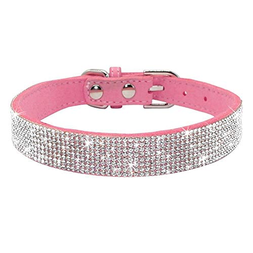 Pimaodog Rhinestone Dog Collar, Cute Dazzling Sparkling Soft Suede Leather Adjustable Pet Dog Cat Collar Crystal Diamond for Puppy Small Medium Large Dogs (L:38-46cm, Pink) by Pimaodog - Used condition - US$8.35