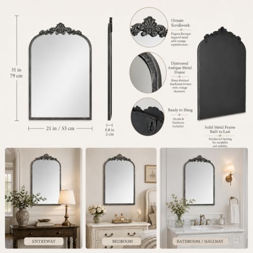 Image of Arched Wall Mirror, 21x31 inch Baroque Traditional Design, Antique Black