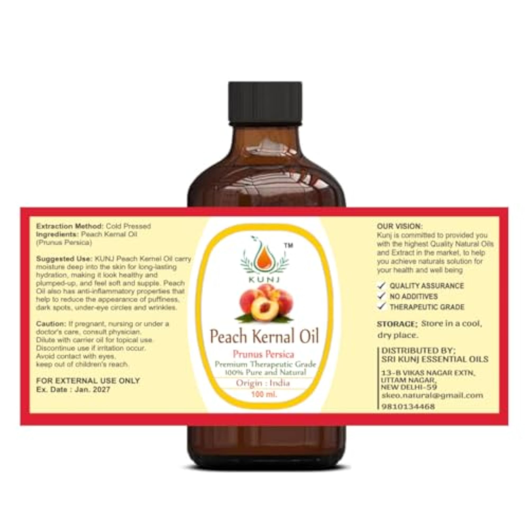 KUNJ Peach Kernel Oil, 100% Pure