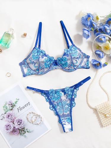 Image of Lilosy Sexy Floral Embroidered Mesh Sheer Underwire Lingerie Set