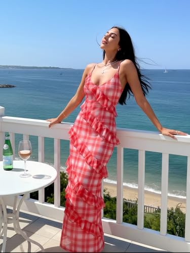 Image of HOCILLE Women's Sexy V Neck Backless Bodycon Spaghetti Strap Elegant Ruffle Maxi Cocktail Party Dresses