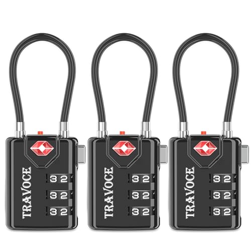 Search Alert TSA Approved Travel Combination Luggage Cable Locks for Suitcase, Gym Locker,Toolbox,Backpack 1,2,4,6 &10 pk (Black 3 Pack)