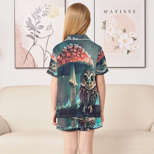 ALAZA Red Mushroom Owl Satin Pajamas Set Short Sleeve Button Down Sleepwear Summer Pjs 2 Piece4