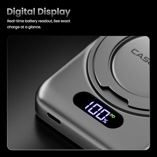 Image of CASEGEAR ACE 10000mAh Aluminium Wireless Power Bank Compatible with Magsafe, Strong N54 Magnet, 20W Fast Charging, Compatible with iPhone 12 & Above, Samsung, etc. 360 Rotating Stand, Digital Display