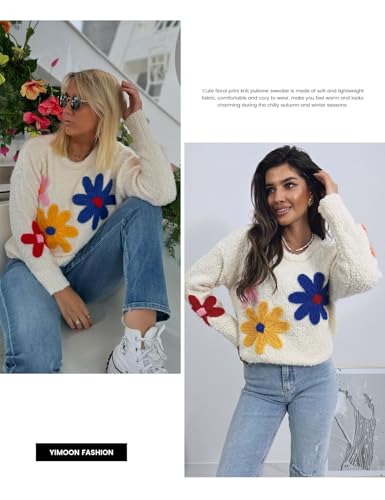 Image of Yimoon Women's Cropped Floral Sweater 2024 Fall Winter Cute Crochet Flower Long Sleeve Knit Pullover Tops(White-M), Medium