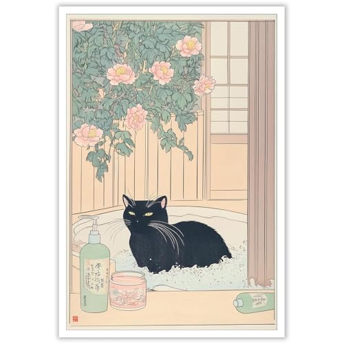 KFDJIG Póster japonés de gato negro tomando un baño con animales en la bañera, lienzo, arte de pared, estilo rústico, impresiones para baño, hogar, dormitorio, decoración de pared, 30,5 x 40,6 cm, sin