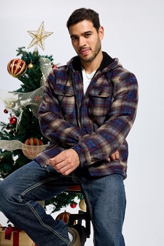 Image of TanBridge Men's Cotton Plaid Shirts Jacket Full Zip Fleece Flannel Sherpa Lined Hoodies Heavyweight Hoodies Jacket for Men