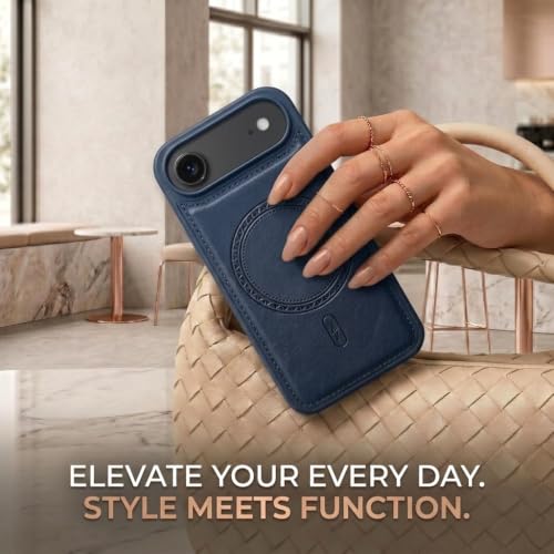 Image of amazon basics Premium PU Leather Case for iPhone 17 Air, MagSafe Compatible Magnetic Ring, Sleek Protective Back Cover - [Blue]