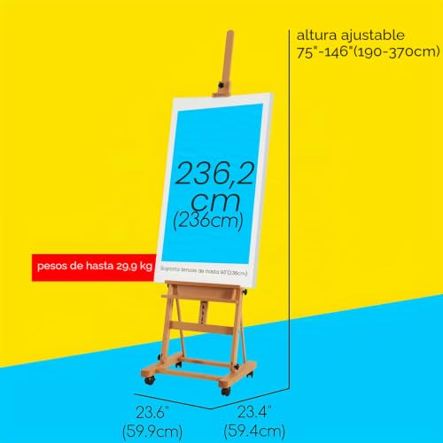 Miniatura 2 de Meeden Grande Caballete Pintura De Madera: Regulable 190-370 Cm H,Sujeta Lienzos De Hasta 236 Cm, Profesional Caballete De Estudio Con Bandeja Y Las Ruedas