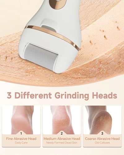Image of Electric Foot Callus Remover Rechargeable Pedicure Kit with 3 Roller Heads 2 Speed IPX6 Waterproof Foot File Pedicure Tools Professional Foot Care for Dead Cracked Dry Skin White