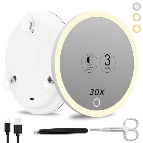 拡大鏡 メイク ライト付きミラー 大型 15cm 吸盤 鼻毛ハサミ付き コンパクトミラー ３光色 無段階調光 USB充電式 コンパクト 化粧鏡 収納便利 持ち運び便利 旅行用メイクアップミラーとして (ホワイト 30倍)
