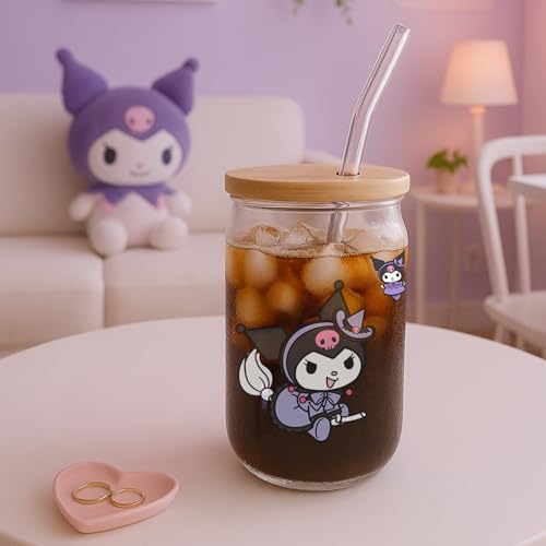Image of THE UMBRELLA STORE Glass Tumbler Bamboo Lid and Straw, Coffee Tumbler, Reusable Glass (Kuromi)