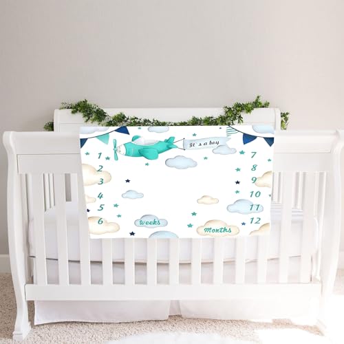 Image of Airplane Theme Baby Monthly Milestone Blanket for Boys, Soft Flannel Aircraft Pilot Cloud Stars Pattern Photography Prop Baby Shower Age Newborn Mom Gifts Nursery Decor (Turquoise, 48x40in)