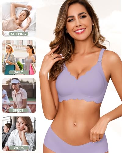 Image of Seamless Jelly Bras for Women No Underwire Push Up Bra Full Coverage V-Neck Wirefree Bralettes Soft T-Shirt Everyday Bra, Purple, 3X-Large