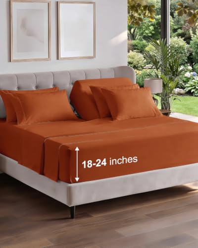 Image of Extra Deep Flex Top Split Head King Sheet Set - 6 Piece Breathable and Cooling Sheets - Hotel Luxury Bedding for Women, Men, Kids & Teens - Easy Secure Fit - Extra Deep Pockets - Terracotta
