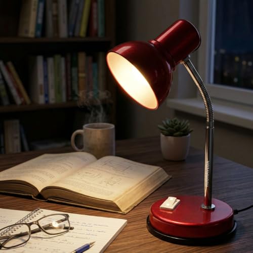 Image of Metal Desk Lamp with Bulb, Red Finish, Adjustable Gooseneck, 16 Inch Height, Strong Body Table Lamp (RED)