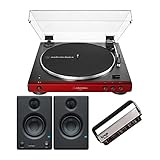 Audio-Technica AT-LP60X Bluetooth Turntable (Red) Bundle with PreSonus Eris E3.5 Bluetooth Monitors and Knox Gear Cleaning Brush (3 Items)