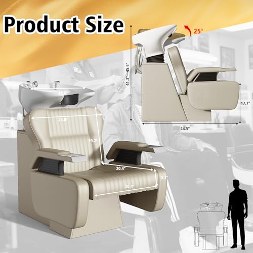 Image of KIGOTY Salon Shampoo Backwash Chair, Shampoo Bowl and Chair Set, Hair Washing Station with Large Adjustable Ceramic Bowl, Shampoo Bowl Sink Chair for Salon (Oatmeal)