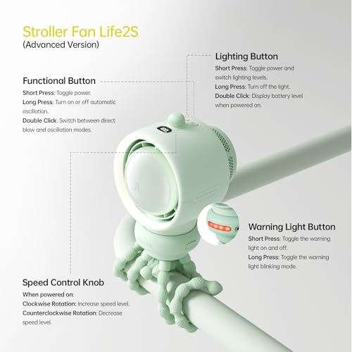 Image of JISULIFE Stroller Fan Baby Large, Safe Bladeless for Crib, Desk, Portable Battery Rechargeable Cooling Fan with Air Turbo Tech, LED Display, Night Light, Food-Grade Gift for Mom /Dad /Friend - Green