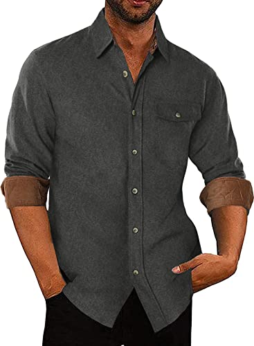 APOONABA Camisas Franela Hombre Manga Larga Coton Camisa Casual Color Sólido Shirts Franela Camisas Business Western Shirt Primavera Verano Otoño Invierno Gris M
