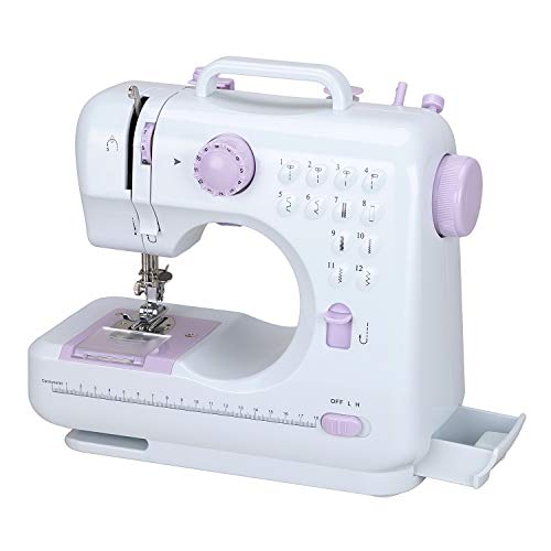 Sewing Machine, 12 Built-in Stitches, Automatic Needle Threader Portable Household Sewing Kit, Two-Thread Lockstitch with High & Low Adjustable Speeds, White, FHSM-505