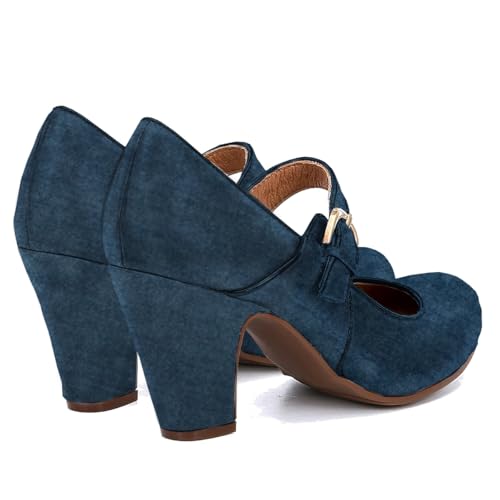 Image of SHODENSE Women Vintage Chunky High Heel Mary Jane Shoes Round Closed Toe Ankle Strap Dress Sandals 3 inch Block Heels Mary Jane Lolita Pumps Two-Toned Patchwork Buckle Office Lady Wedding Retro 4-11 M US