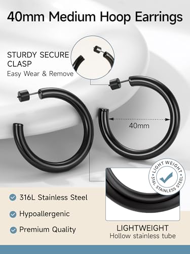 Image of Stainless Steel Chunky Hoop Earrings For Women, Minimalist and Chic, Black /Gold Plated, Round Hoops Earrings Hypoallergenic, Size: 30mm /40mm /60mm /80mm, Come with Box